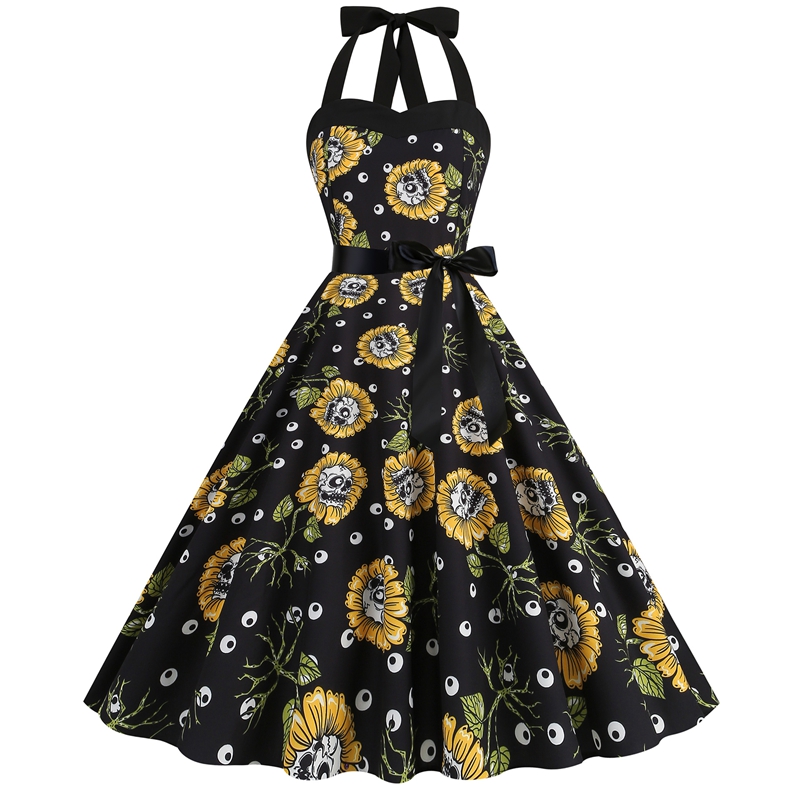 Women Sleeveless Halter Print Halloween Dresses Elegant Festival Party Costumes